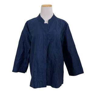 Eileen Fisher 100% Silk Crinkle Concealed Button Up Shirt Womens L Navy Blue Top